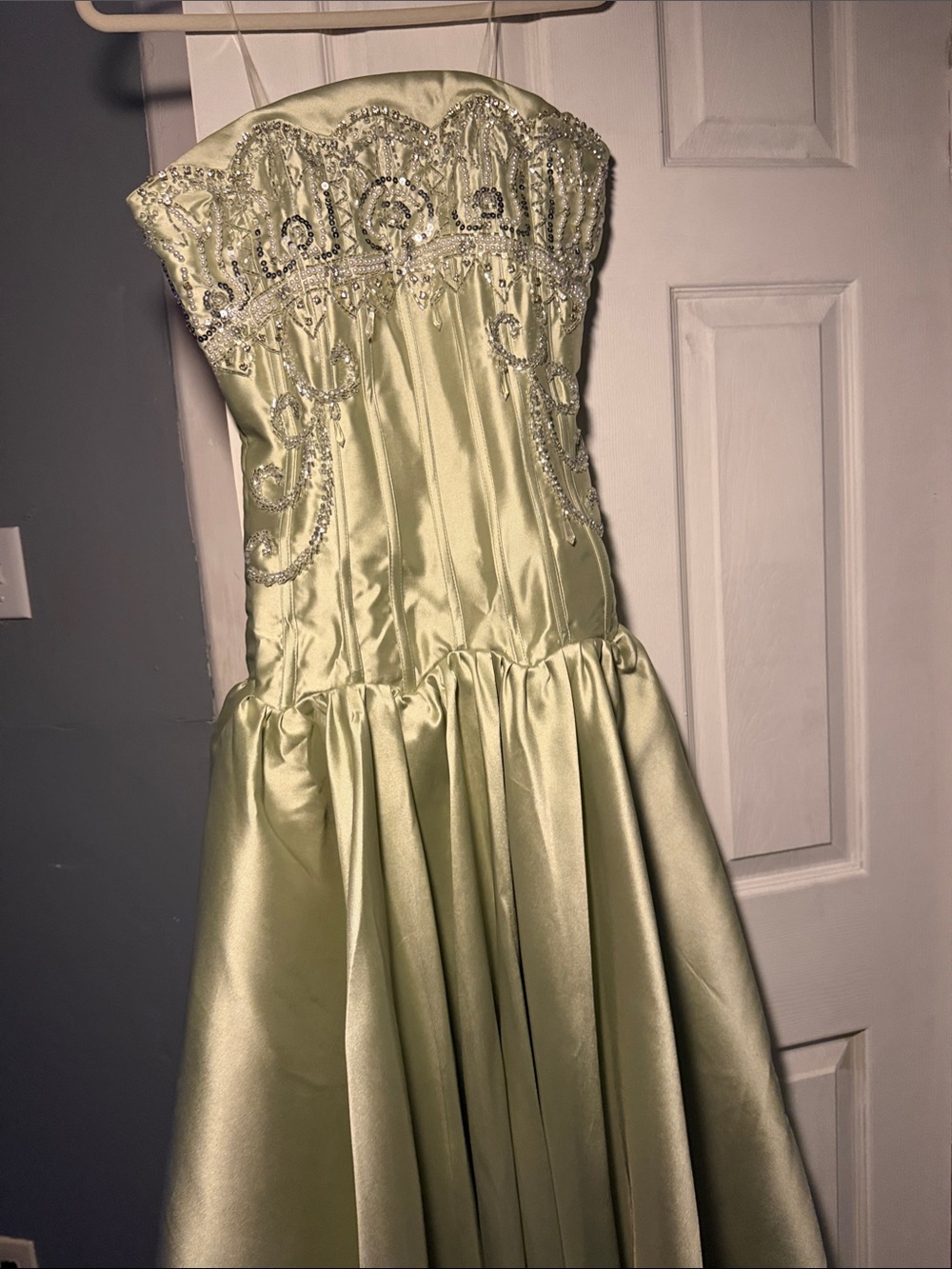Girls Strapless Satin Party Dress with Beaded Bodice - Light Green